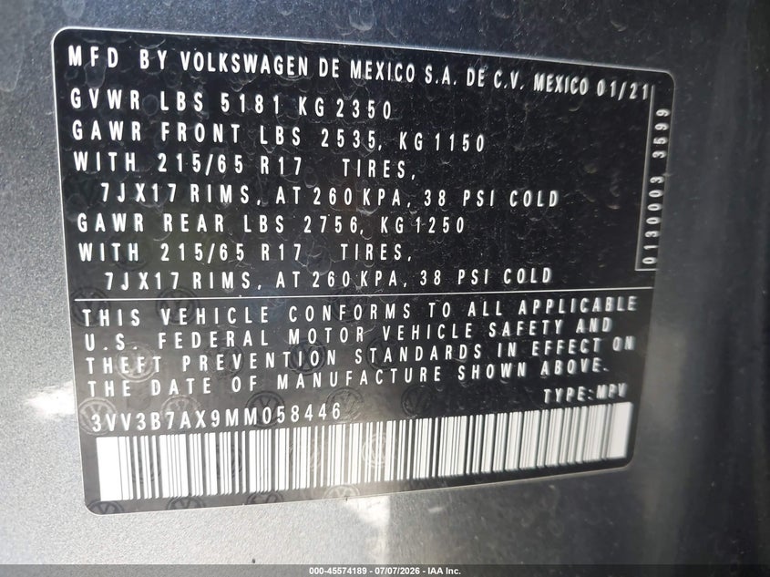 2021 Volkswagen Tiguan VIN 3VV3B7AX9MM058446 IAAI salvage auction — RIGHT FRONT, Salvage Title, sold $6,600 on 2026-08-10 (photo 9)