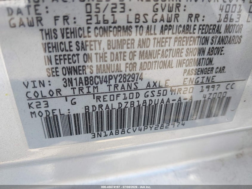 2023 Nissan Sentra VIN 3N1AB8CV4PY282974 IAAI salvage auction — FRONT END, Salvage Title, sold $2,050 on 2026-09-06 (photo 9)