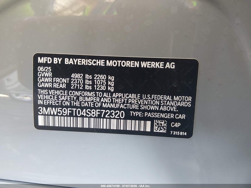 2025 BMW 3er VIN 3MW59FT04S8F72320 IAAI salvage auction — FRONT END, Salvage Title, sold $16,200 on 2026-08-03 (photo 9)