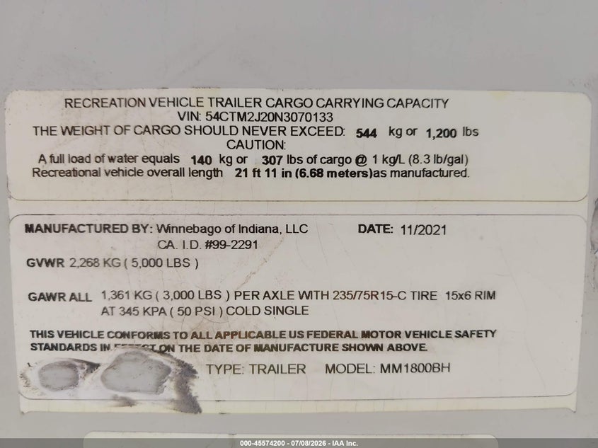 2022 Winnebago Micro minn VIN 54CTM2J20N3070133 IAAI salvage auction — THEFT, Salvage (Arizona), sold $7,275 on 2026-08-11 (photo 9)