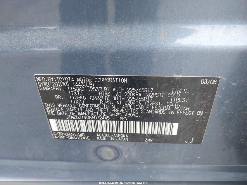 2008 Toyota Rav4 VIN JTMZD31V086072445 IAAI salvage auction — FRONT END, Salvage Certificate (California), sold $650 on 2026-07-31 (photo 9)