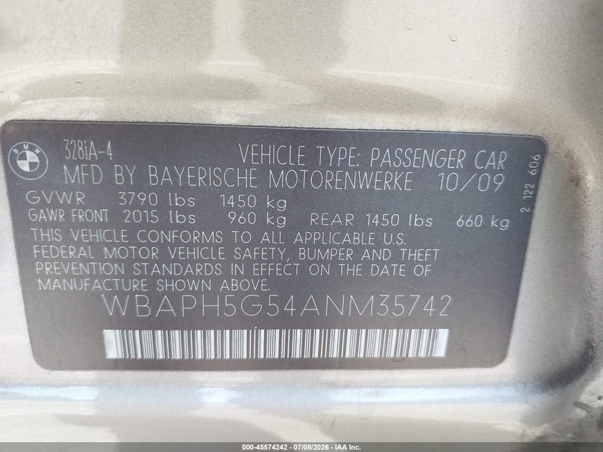 2010 BMW 3 series VIN WBAPH5G54ANM35742 IAAI salvage auction — SIDE, Salvage (California), sold $325 on 2026-07-25 (photo 9)