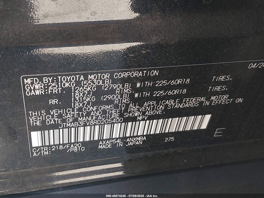 2024 Toyota Rav 4 VIN JTMAB3FV8RD205400 IAAI salvage auction — SIDE, Salvage Title, sold $15,000 on 2026-08-24 (photo 9)