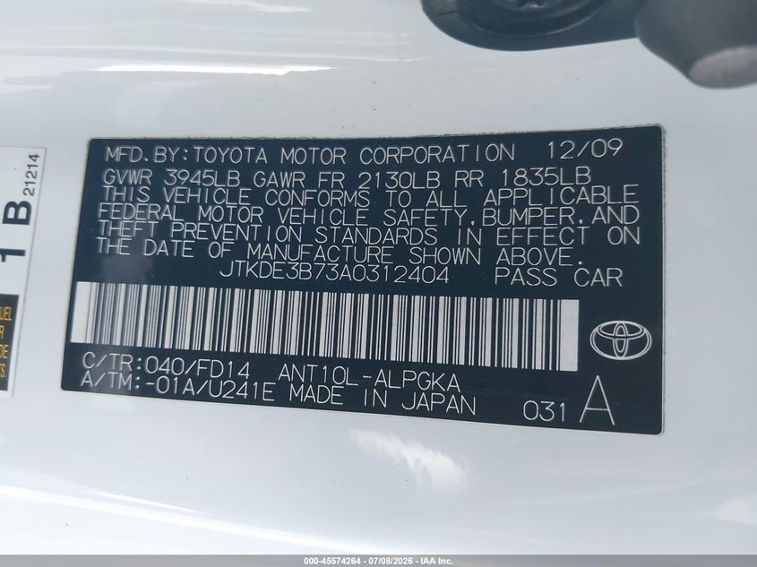 2010 Scion Tc VIN JTKDE3B73A0312404 IAAI salvage auction — NORMAL WEAR, Clear - Dealer Only (California), sold $700 on 2026-07-22 (photo 9)
