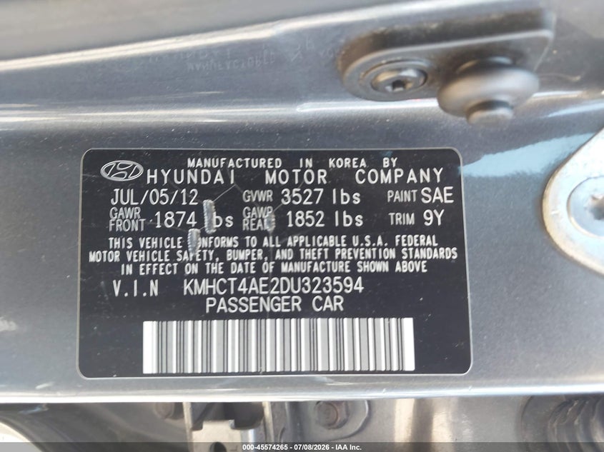 2013 Hyundai Accent VIN KMHCT4AE2DU323594 IAAI salvage auction — NORMAL WEAR, Clear (Florida), sold $475 on 2026-07-29 (photo 9)