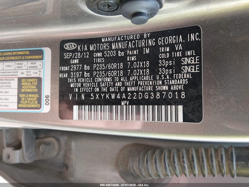 2013 Kia Sorento VIN 5XYKW4A22DG387018 IAAI salvage auction — NORMAL WEAR, Clear (Colorado), sold $950 on 2026-07-15 (photo 9)