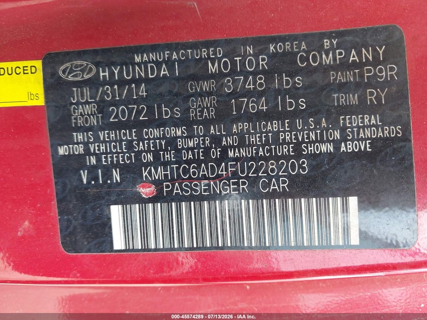2015 Hyundai Veloster VIN KMHTC6AD4FU228203 IAAI salvage auction — NORMAL WEAR, Original (Texas), sold $500 on 2026-07-28 (photo 9)
