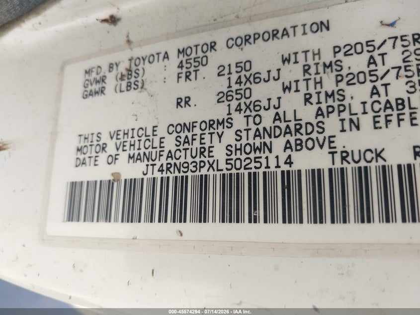 1990 Toyota Pickup VIN JT4RN93PXL5025114 IAAI salvage auction — NORMAL WEAR, Clear - Dealer Only (California), sold $2,250 on 2026-07-20 (photo 9)