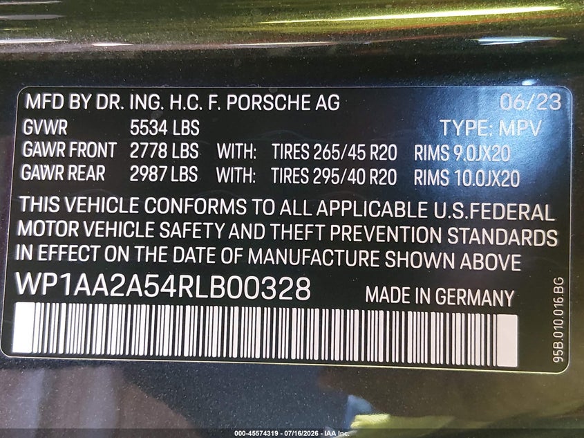 2024 Porsche Macan VIN WP1AA2A54RLB00328 IAAI salvage auction — FRONT END, Salvage Title, sold $6,600 on 2026-07-27 (photo 9)