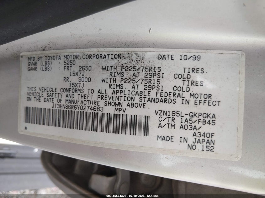 2000 Toyota 4runner VIN JT3HN86R6Y0274683 IAAI salvage auction — NORMAL WEAR, Original (Ohio), sold $1,700 on 2026-07-29 (photo 9)