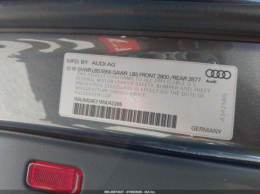 2019 Audi A6 VIN WAUM2AF21KN042285 IAAI salvage auction — REAR END, Salvage Title, sold $10,200 on 2026-07-30 (photo 9)