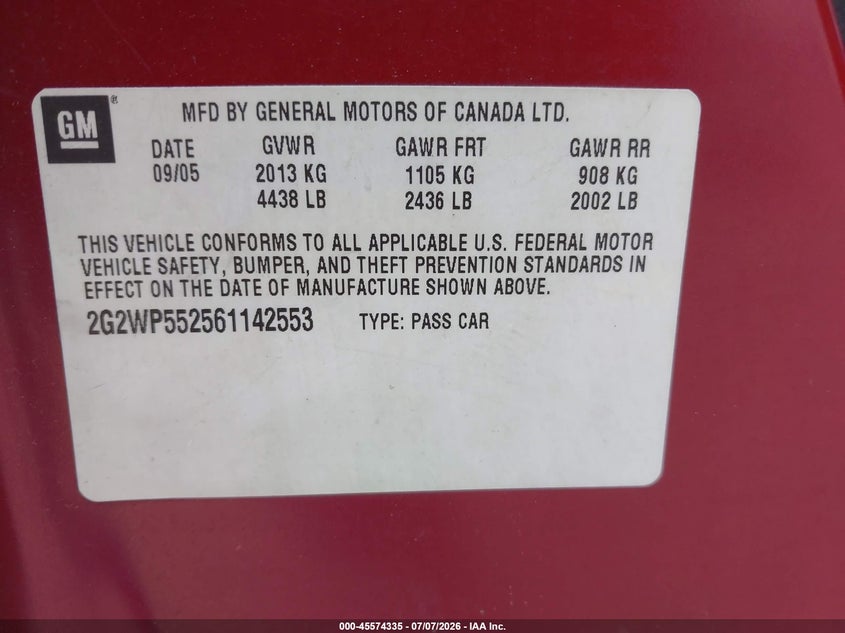 2006 Pontiac Grand prix VIN 2G2WP552561142553 IAAI salvage auction — UNKNOWN, Salvage (Utah), sold $350 on 2026-08-01 (photo 9)