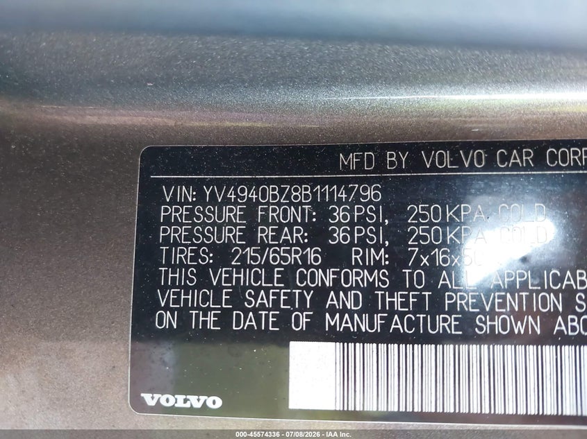2011 Volvo Xc70 VIN YV4940BZ8B1114796 IAAI salvage auction — NORMAL WEAR, Clear (Massachusetts), sold $375 on 2026-07-21 (photo 8)