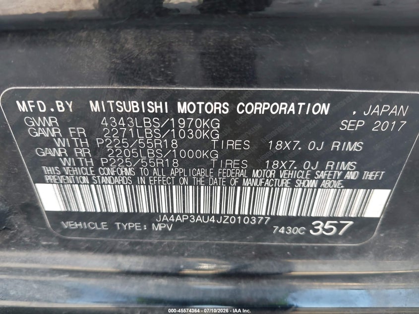 2018 Mitsubishi Outlander VIN JA4AP3AU4JZ010377 IAAI salvage auction — SIDE, Salvage (Texas), sold $2,200 on 2026-07-27 (photo 9)