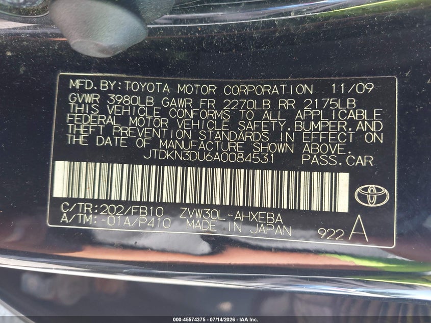 2010 Toyota Prius VIN JTDKN3DU6A0084531 IAAI salvage auction — RIGHT FRONT, Bill Of Sale (Washington), sold $1,200 on 2026-07-18 (photo 9)