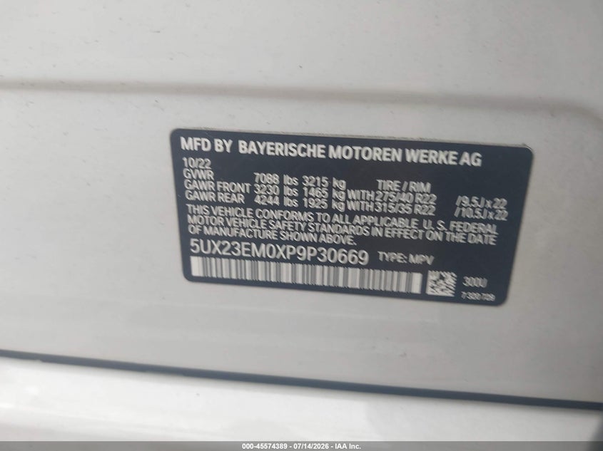 2023 BMW X7 VIN 5UX23EM0XP9P30669 IAAI salvage auction — REAR END, Salvage (Massachusetts), sold $22,600 on 2026-08-28 (photo 9)