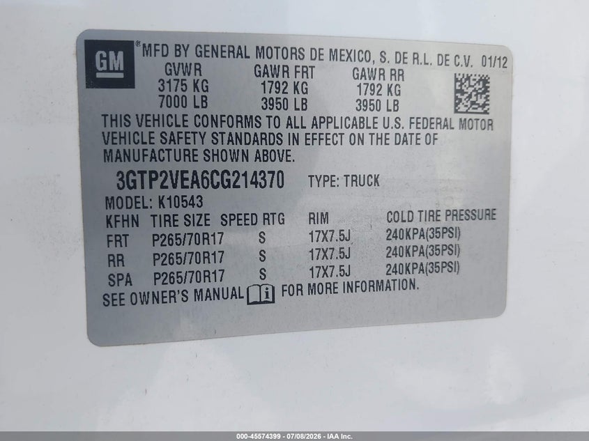 2012 Gmc SIERRA VIN 3GTP2VEA6CG214370 IAAI salvage auction — LEFT FRONT, Salvage Title, sold $1,550 on 2026-09-03 (photo 9)