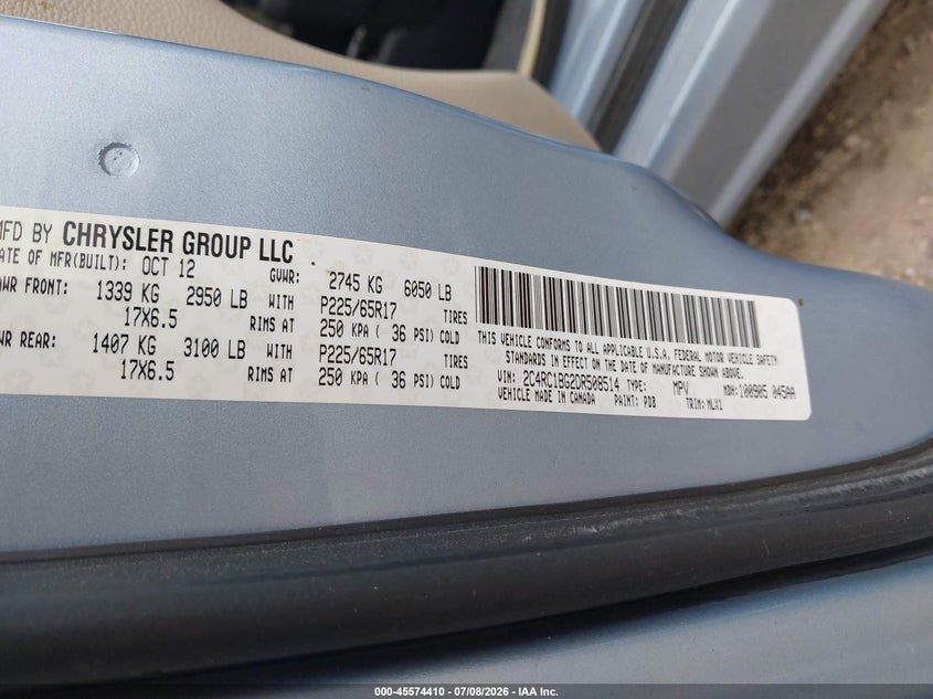 2013 Chrysler Town & country VIN 2C4RC1BG2DR508514 IAAI salvage auction — ROOF, Salvage (Virginia), sold $1,350 on 2026-07-19 (photo 9)