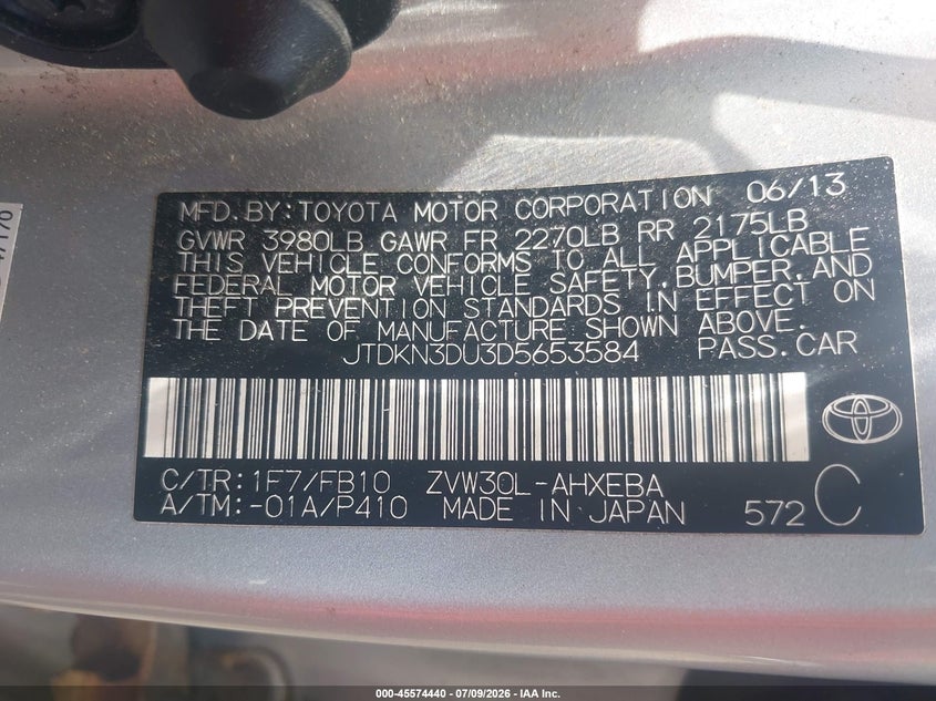 2013 Toyota Prius VIN JTDKN3DU3D5653584 IAAI salvage auction — NORMAL WEAR, Clear (Virginia), sold $2,850 on 2026-07-29 (photo 9)