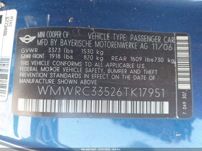 2006 Mini Cooper VIN WMWRC33526TK17951 IAAI salvage auction — NORMAL WEAR, Clear - Dealer Only (California), sold $550 on 2026-07-23 (photo 9)