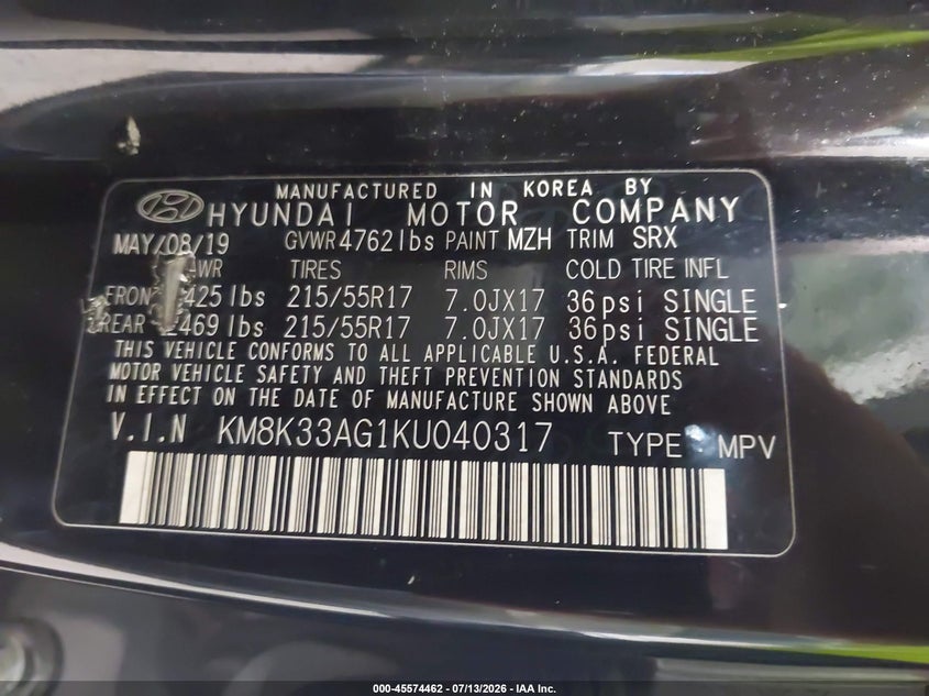 2019 Hyundai Kona VIN KM8K33AG1KU040317 IAAI salvage auction — RIGHT FRONT, Mv-907A (New York), sold $1,100 on 2026-07-23 (photo 9)