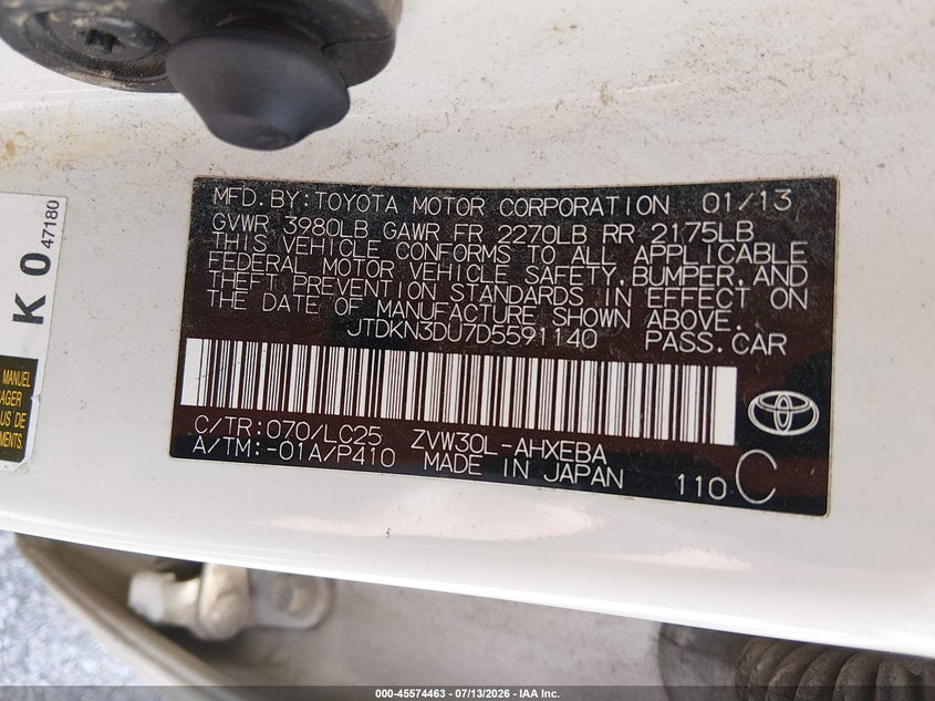 2013 Toyota Prius VIN JTDKN3DU7D5591140 IAAI salvage auction — NORMAL WEAR, Clear (Indiana), sold $775 on 2026-07-23 (photo 9)