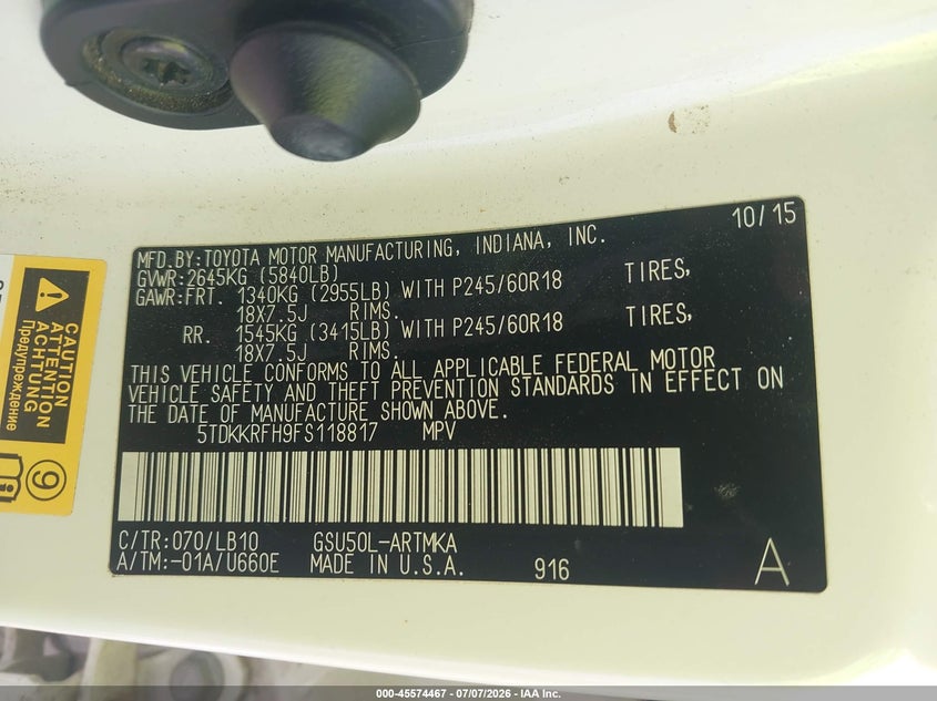 2015 Toyota Highlander VIN 5TDKKRFH9FS118817 IAAI salvage auction — FRONT END, Salvage (Arizona), sold $4,250 on 2026-07-29 (photo 9)