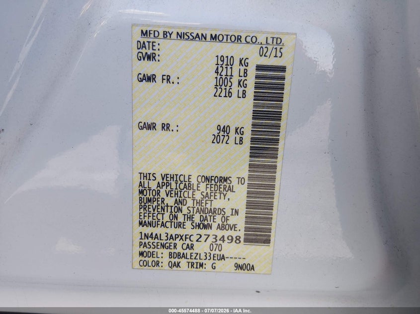 2015 Nissan Altima VIN 1N4AL3APXFC273498 IAAI salvage auction — NORMAL WEAR, Clear (Nevada), sold $325 on 2026-07-24 (photo 9)