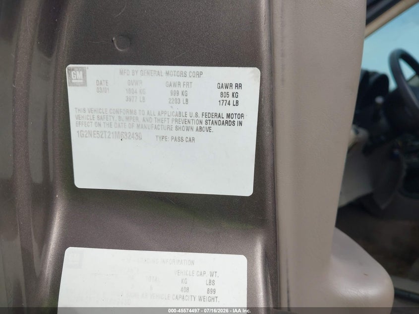 2001 Pontiac Grand am VIN 1G2NE52T21M632430 IAAI salvage auction — NORMAL WEAR, Clear (Louisiana), sold $25 on 2026-07-27 (photo 9)