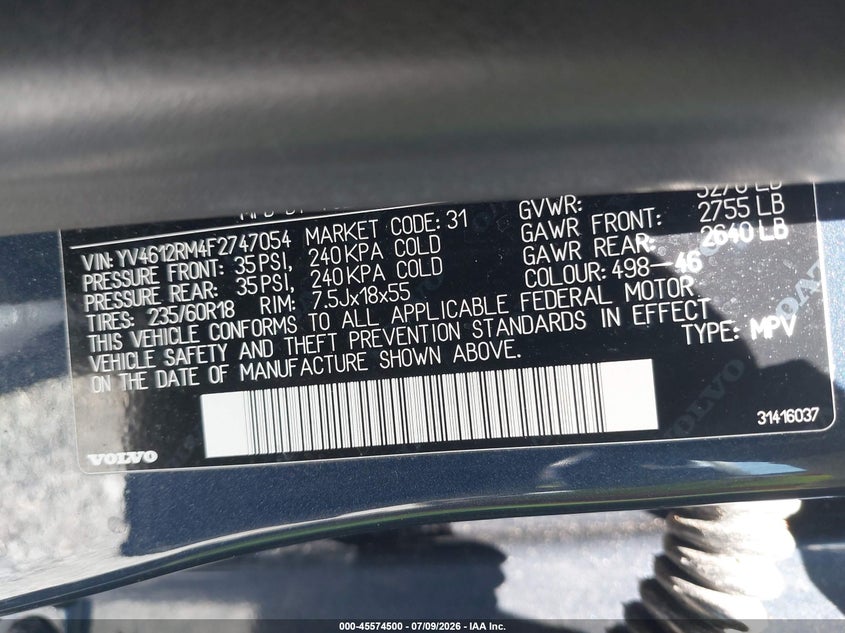 2015 Volvo Xc60 VIN YV4612RM4F2747054 IAAI salvage auction — FRONT END, Bill Of Sale (Washington), sold $250 on 2026-07-29 (photo 9)