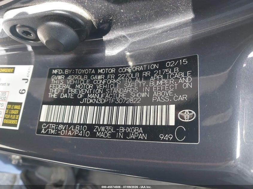 2015 Toyota Prius VIN JTDKN3DP1F3072822 IAAI salvage auction — FRONT END, Salvage (California), sold $2,050 on 2026-07-29 (photo 9)