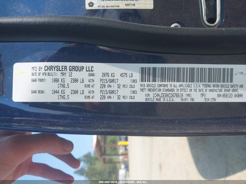 2012 Jeep Compass VIN 1C4NJDEBXCD676618 IAAI salvage auction — NORMAL WEAR, Clear (Washington), sold $700 on 2026-08-01 (photo 9)