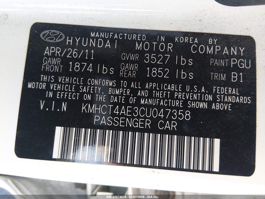2012 Hyundai Accent VIN KMHCT4AE3CU047358 IAAI salvage auction — NORMAL WEAR, Clear (Nevada), sold $500 on 2026-07-24 (photo 9)