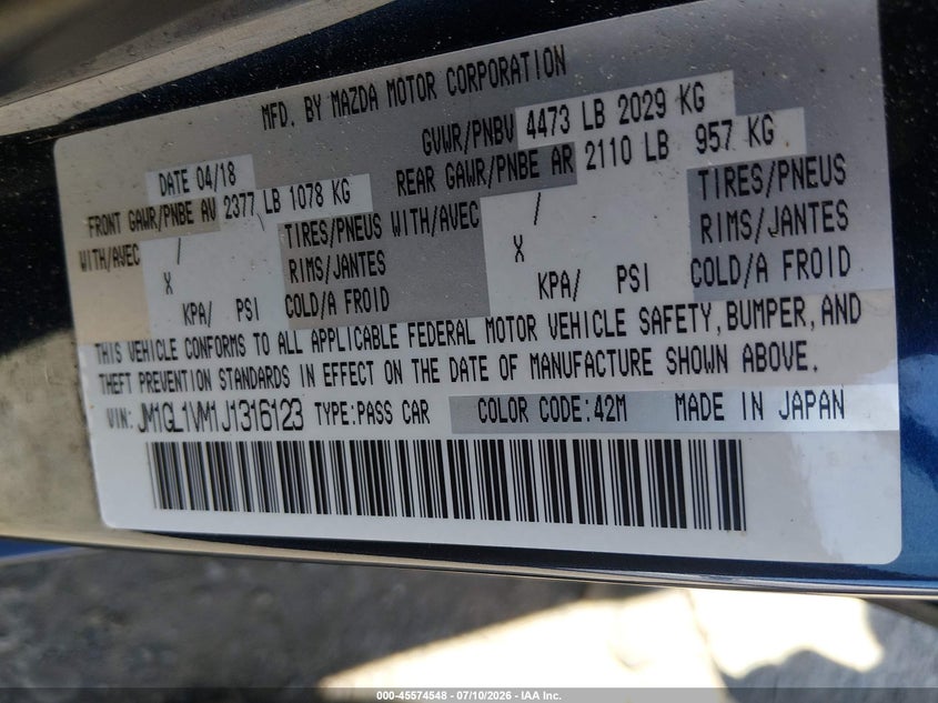 2018 Mazda 6 VIN JM1GL1VM1J1316123 IAAI salvage auction — FRONT END, Bill Of Sale (Washington), sold $725 on 2026-07-29 (photo 9)