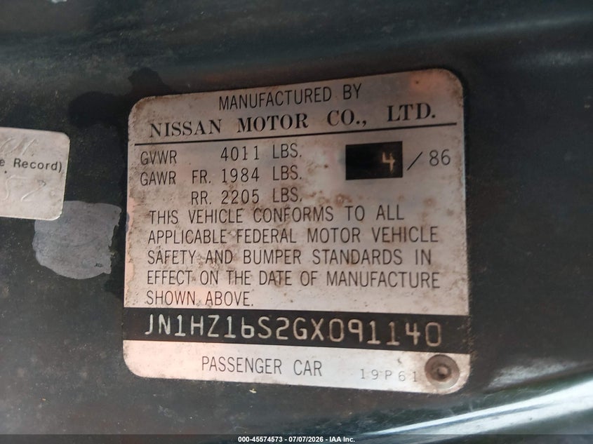 1986 Nissan 300zx VIN JN1HZ16S2GX091140 IAAI salvage auction — NORMAL WEAR, Clear (Pennsylvania), sold $325 on 2026-07-10 (photo 9)