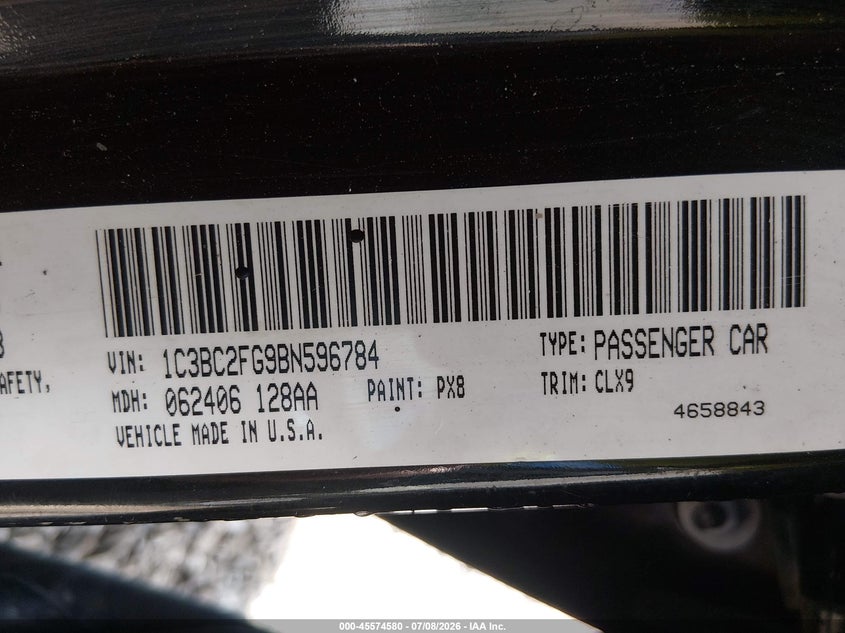 2011 Chrysler 200 VIN 1C3BC2FG9BN596784 IAAI salvage auction — NORMAL WEAR, Clear (Alabama), sold $300 on 2026-07-27 (photo 9)