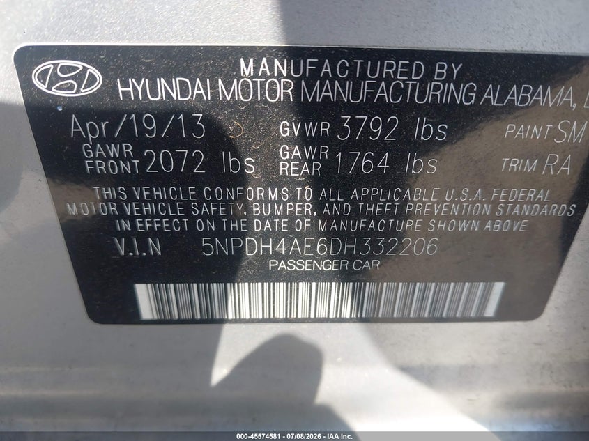 2013 Hyundai Elantra VIN 5NPDH4AE6DH332206 IAAI salvage auction — VANDALISM, Salvage (North Carolina), sold $1,500 on 2026-07-26 (photo 9)