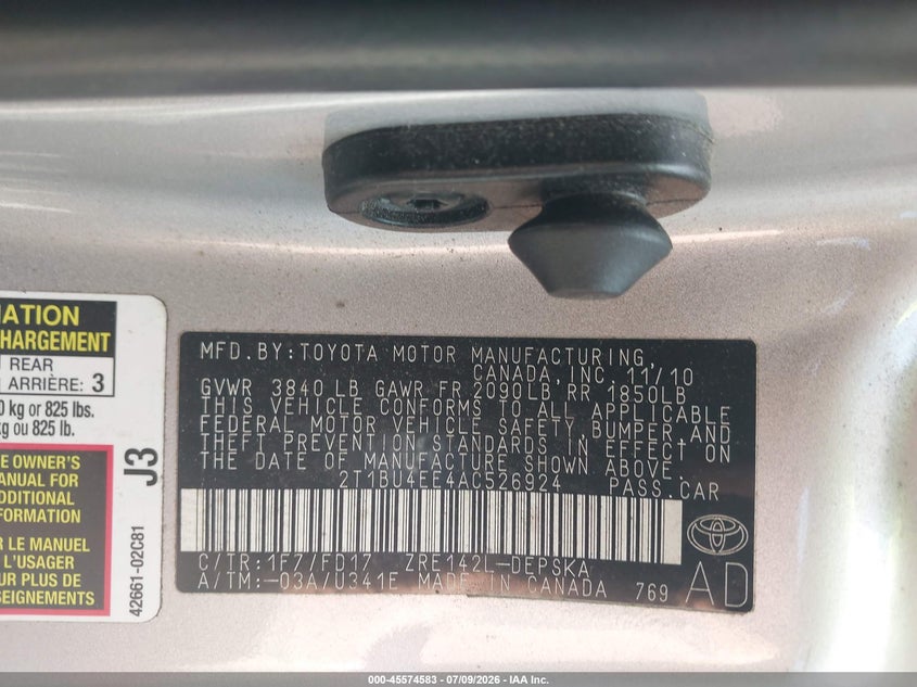 2010 Toyota Corolla VIN 2T1BU4EE4AC526924 IAAI salvage auction — FRONT END, Clear (Massachusetts), sold $1,650 on 2026-07-28 (photo 9)