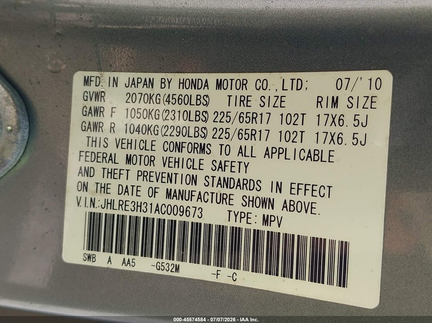 2010 Honda Cr-v VIN JHLRE3H31AC009673 IAAI salvage auction — NORMAL WEAR, Clear (Louisiana), sold $600 on 2026-07-29 (photo 9)