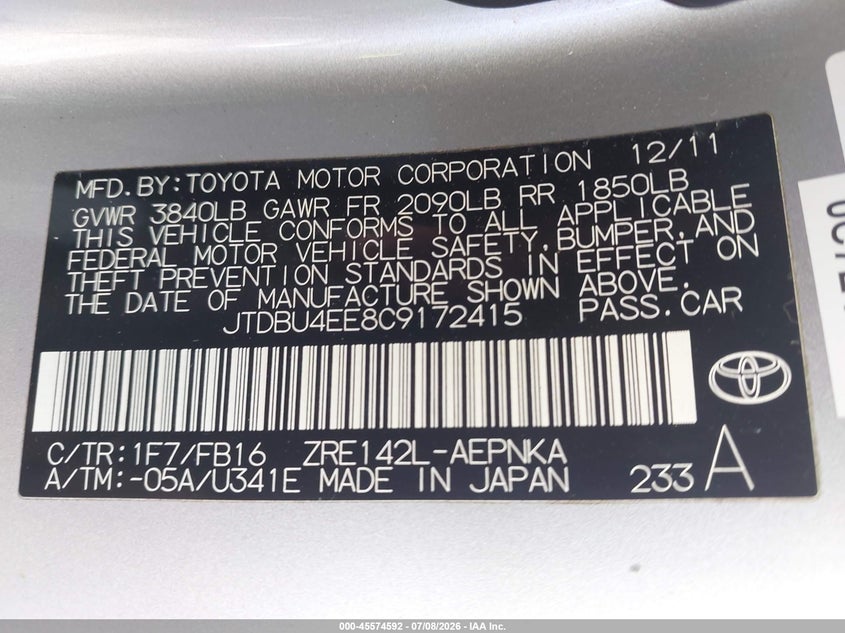 2012 Toyota Corolla VIN JTDBU4EE8C9172415 IAAI salvage auction — REAR END, Salvage (California), sold $1,650 on 2026-07-28 (photo 9)