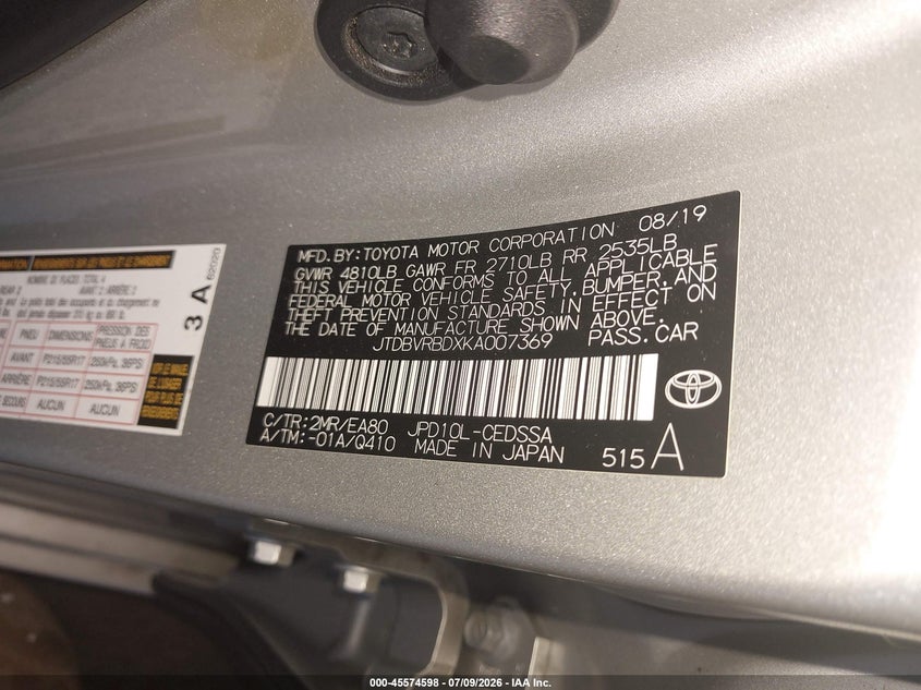 2019 Toyota Mirai VIN JTDBVRBDXKA007369 IAAI salvage auction — NORMAL WEAR, Clear Salvage History (California), sold $550 on 2026-07-21 (photo 9)