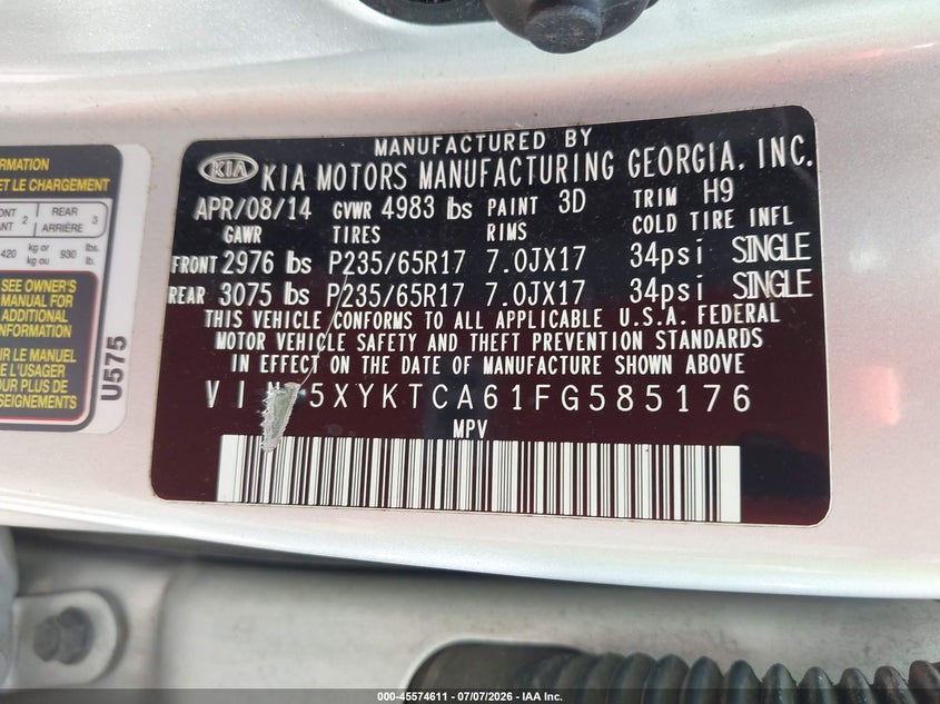 2015 Kia Sorento VIN 5XYKTCA61FG585176 IAAI salvage auction — NORMAL WEAR, Clear (Tennessee), sold $875 on 2026-07-23 (photo 9)