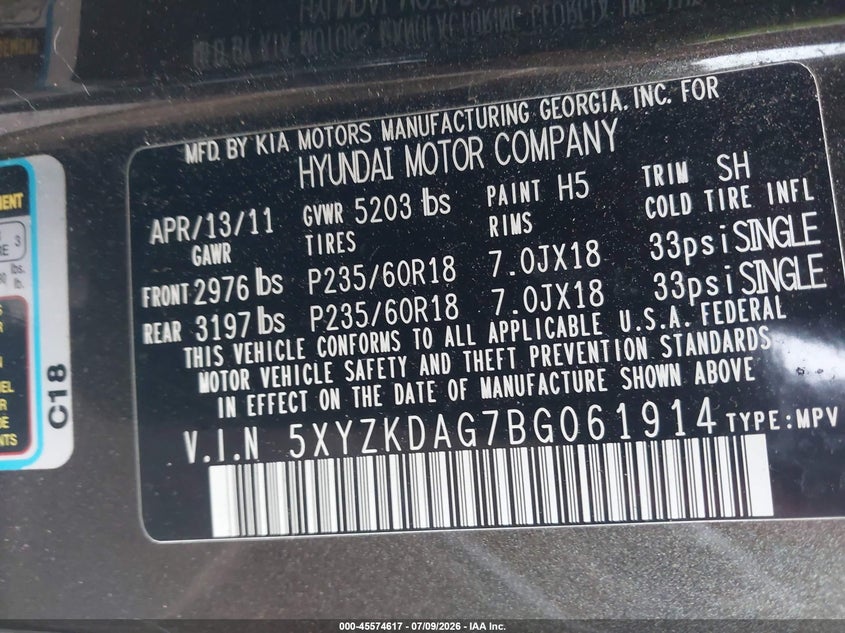 2011 Hyundai Santa fe VIN 5XYZKDAG7BG061914 IAAI salvage auction — NORMAL WEAR, Clear (Delaware), sold $550 on 2026-07-27 (photo 9)