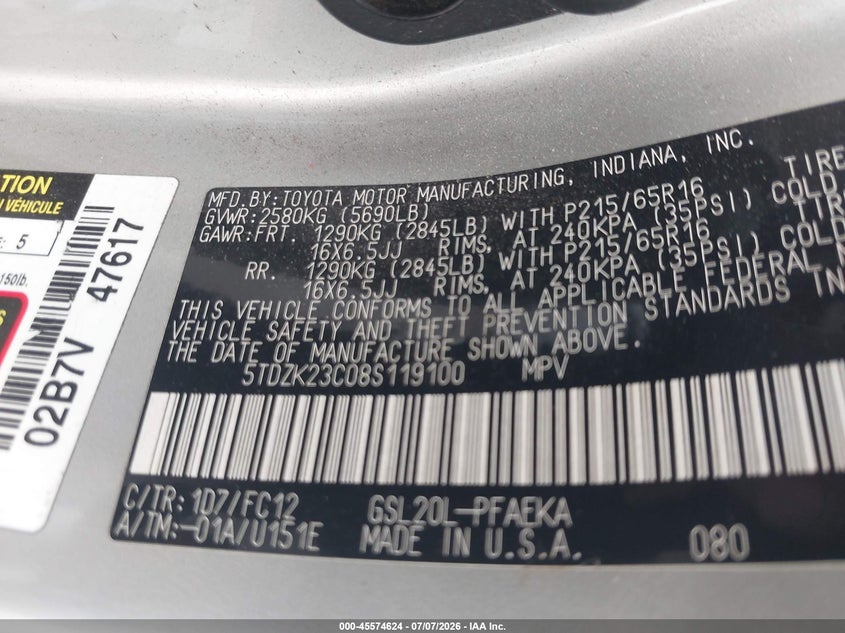 2008 Toyota Sienna VIN 5TDZK23C08S119100 IAAI salvage auction — NORMAL WEAR, Clear - Dealer Only (California), sold $550 on 2026-07-29 (photo 9)