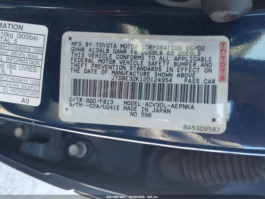 2002 Toyota Camry VIN JTDBE32K120124954 IAAI salvage auction — NORMAL WEAR, Clear - Dealer Only (California), sold $350 on 2026-07-16 (photo 9)