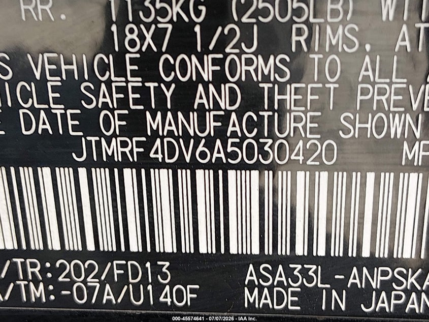 2010 Toyota Rav4 VIN JTMRF4DV6A5030420 IAAI salvage auction — NORMAL WEAR, Peddle Clear Public-Restricted (Oregon), sold $3,100 on 2026-07-13 (photo 9)
