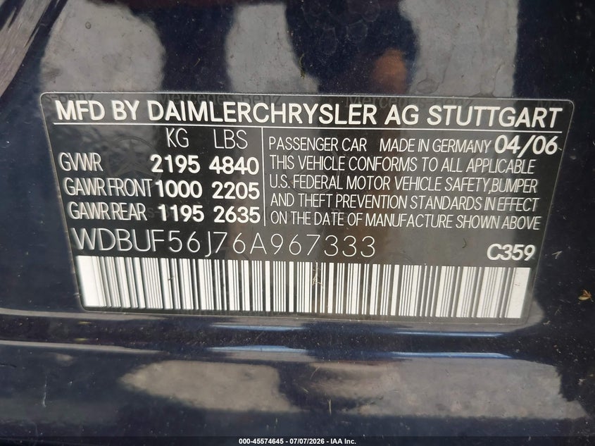 2006 Mercedes-benz E-class VIN WDBUF56J76A967333 IAAI salvage auction — NORMAL WEAR, Clear (Alabama), sold $225 on 2026-07-29 (photo 9)
