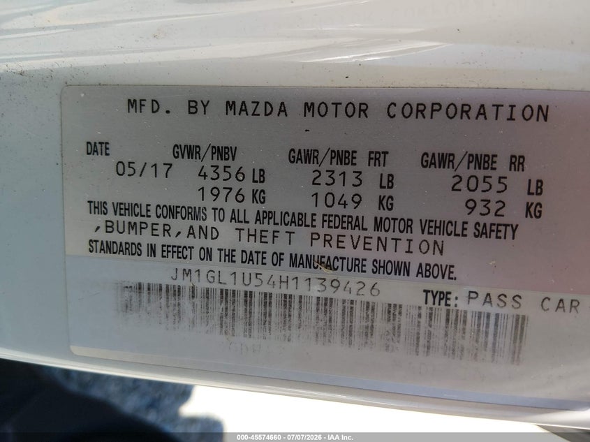 2017 Mazda 6 VIN JM1GL1U54H1139426 IAAI salvage auction — LEFT FRONT, Salvage (California), sold $500 on 2026-07-28 (photo 9)