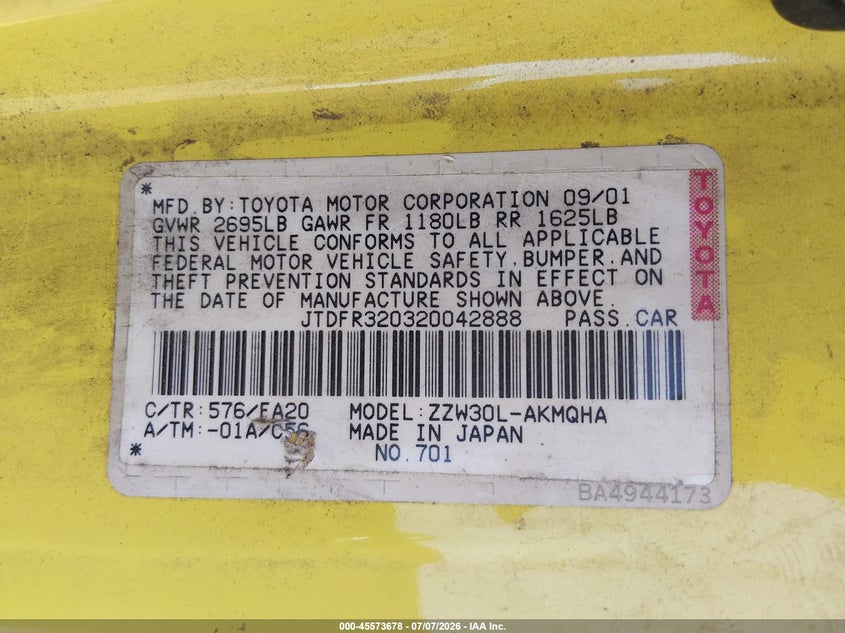 2002 Toyota Mr2 VIN JTDFR320320042888 IAAI salvage auction — NORMAL WEAR, Clear-Dealer Only (Oregon), sold $1,450 on 2026-07-30 (photo 9)