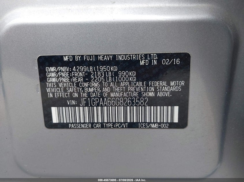 2016 Subaru Impreza VIN JF1GPAA66G8263582 IAAI salvage auction — FRONT END, Salvage Title, sold $325 on 2026-07-22 (photo 9)